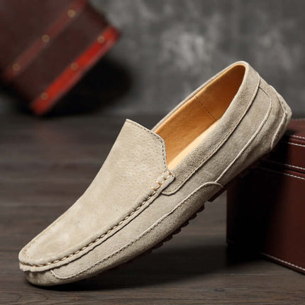 Lucera Slip-On Loafers: elegant men's suede loafers with flexible rubber sole, perfect for formal and casual wear.