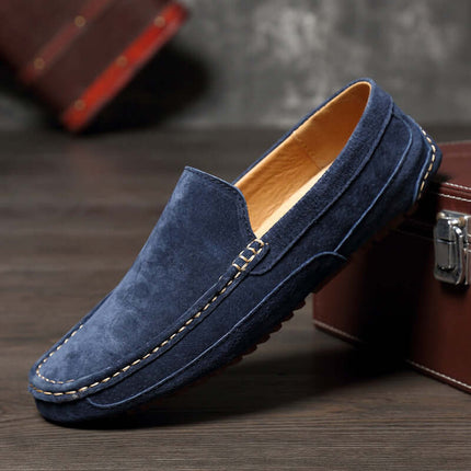 Lucera Slip-On Loafers in elegant navy suede with flexible sole, showcasing sophistication in men's leather loafers for formal and casual wear.