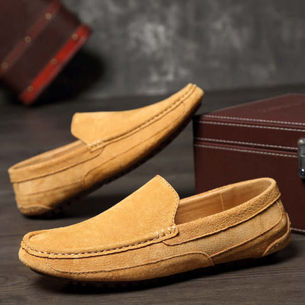 Lucera Slip-On Loafers in soft suede, men's leather loafers with flexible sole, ideal for formal and off-duty wear, showcasing elegance and comfort.
