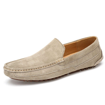 Lucera Slip-On Loafers in beige suede with flexible sole, showcasing elegant design for men's formal and off-duty style.
