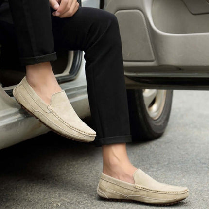 Men wearing Lucera Slip-On Loafers, luxury casual suede footwear for comfort and style, ideal formal loafers with flexible sole.