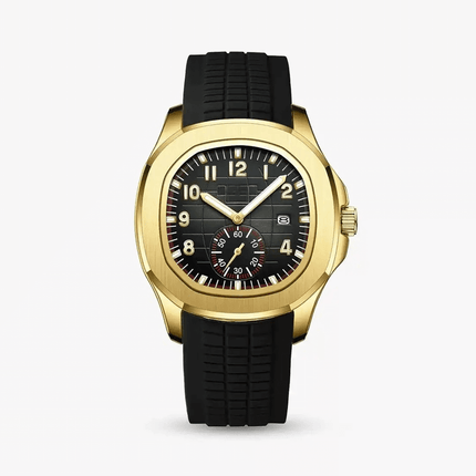 Lumen 42mm Sport Men's Watch with gold stainless steel case, textured black dial, and black silicone strap for style and performance.
