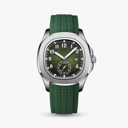 Lumen 42mm Sport Men's Watch with stainless steel case, textured green dial, and silicone strap showcasing style and performance.