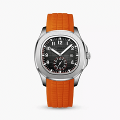 Lumen 42mm Sport Men's Watch with orange silicone strap and black dial, featuring robust stainless steel case.