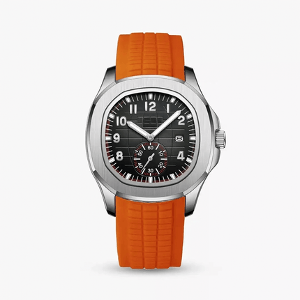 Lumen 42mm Sport Men's Watch with orange silicone strap and black dial, featuring robust stainless steel case.