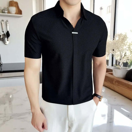Lusso Classic Polo in black, showcasing breathable spandex blend with waffle design, ideal men's casual shirt for versatile, stylish occasions.
