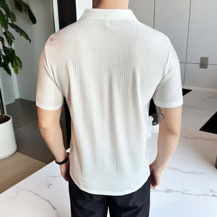 Back view of Lusso Classic Polo highlighting breathable waffle design, perfect fit for stylish men's casual shirts, ideal for any occasion.