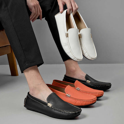 Marco Leather Loafers for men in black and tan, showcasing slip-on comfort and luxury. Premium hand-stitched leather; perfect for formal occasions.
