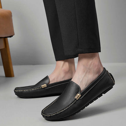 Marco Leather Loafers - Men's luxury slip-on formal loafers in black leather, hand-stitched elegance, cushioned comfort.