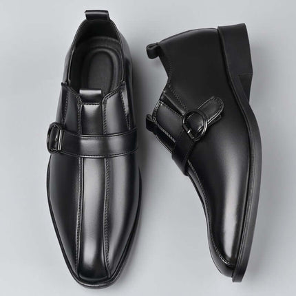 Matteo Dress Shoes with sleek buckle and orthopedic cushioned insole, crafted from synthetic leather, featuring flexible rubber outsole.