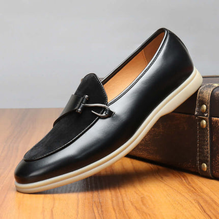 Matteo Leather Loafers with suede detail and hook accent, offering slip-on comfort and formal style for luxury men's footwear.