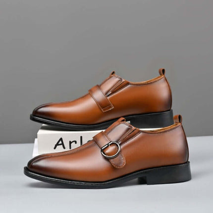 Matteo Dress Shoes with flexible rubber outsole, synthetic leather, orthopedic insole, sleek metal buckle detail for formal wear.