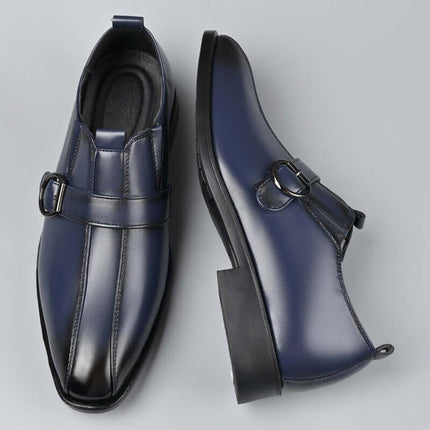 Matteo Dress Shoes with sleek design, synthetic leather, orthopedic insole, and buckle detail. Flexible rubber outsole for comfort.