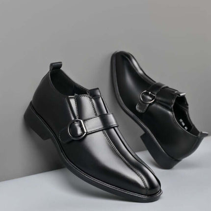 Matteo Dress Shoes with flexible rubber outsole, crafted from synthetic leather and featuring orthopedic cushioned insole and sleek buckle.