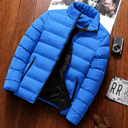 Men's casual puffer jacket with smooth collar and full front zipper in vibrant blue