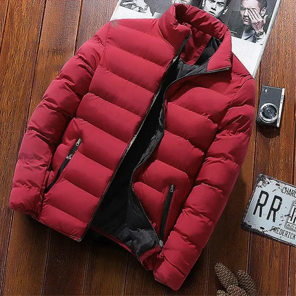 Red men's casual puffer jacket with smooth collar and full front zipper on wooden surface