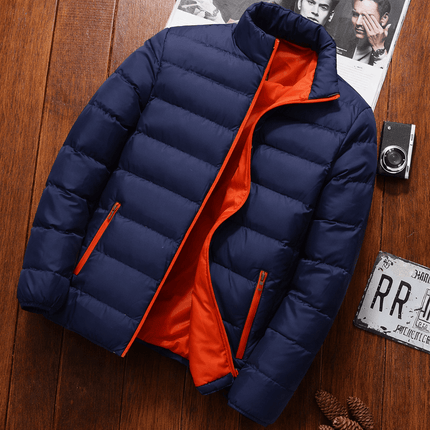 Men's casual puffer jacket with smooth collar and full front zipper