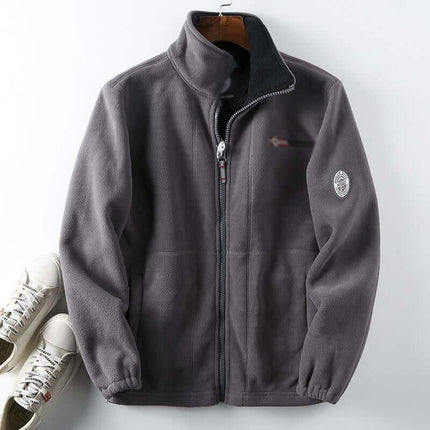 Men's hooded jacket with double-layer lining in gray color displayed on hanger, ideal for winter fashion.