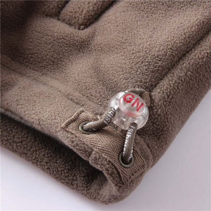 Close-up of toggle detail on men's hooded jacket with double-layer lining for added warmth.