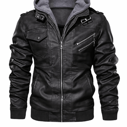 Men’s Leather Jacket in classic fit urban style with hoodie and zipper pockets, perfect for stylish comfort.