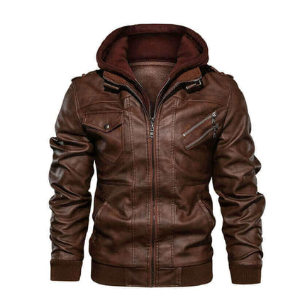 Men’s Leather Jacket in classic fit urban style, brown color with hoodie, zipper pockets, and durable stitching.