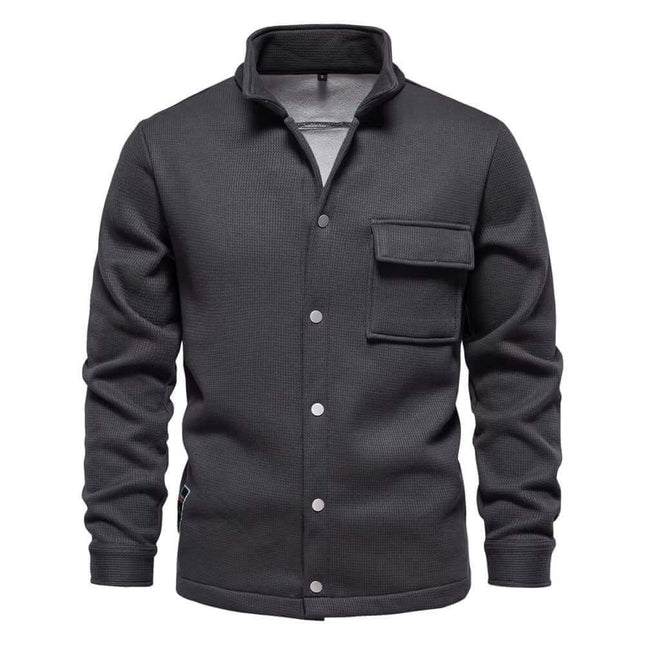 Men's premium winter jacket in dark gray with button closure and front pocket, stylish and warm for winter fashion.