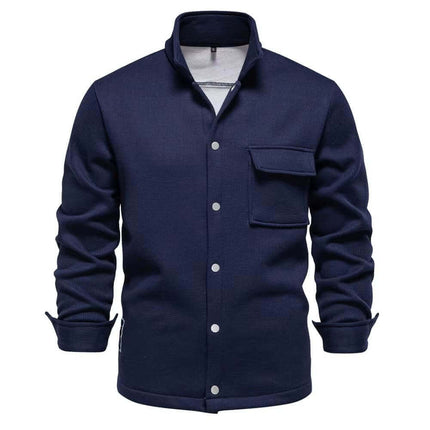 Navy men's premium winter jacket with front buttons and pocket for cold weather wear