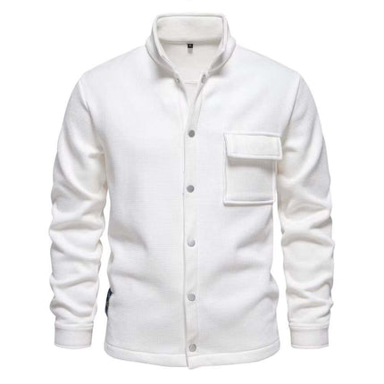 Men's premium winter jacket in white with a stylish pocket and button-up design, perfect for cold weather fashion and comfort.