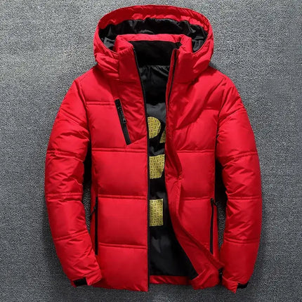 Red Mens Winter Down Jacket – Arctic Urban with hood, warm and stylish outerwear for cold weather.