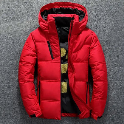 Red Mens Winter Down Jacket – Arctic Urban with hood, warm and stylish outerwear for cold weather.