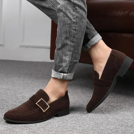 Suede Signature Loafers showcasing luxury men's slip-on loafers with metal buckle accent, perfect for formal occasions and stylish comfort.