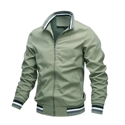 Men's waterproof bomber jacket in green with zip closure ideal for outdoor activities by OutdoorPro.