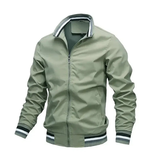 Men's waterproof bomber jacket in green with zip closure ideal for outdoor activities by OutdoorPro.