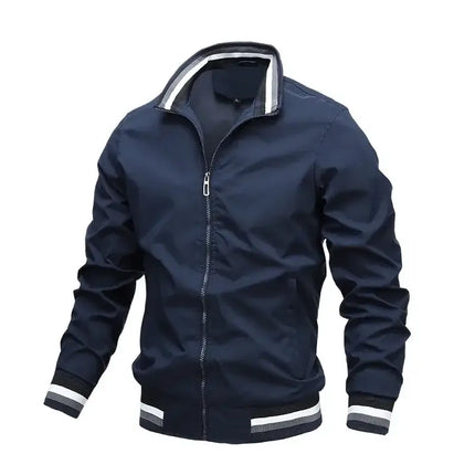 Men's waterproof bomber jacket by OutdoorPro in navy blue with striped cuffs and collar, ideal for outdoor wear.