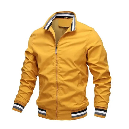 Men's waterproof bomber jacket in yellow with striped cuffs and collar, OutdoorPro