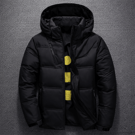 Mens Winter Down Jacket - Arctic Urban, black color, with hood and zipper, displayed against gray background