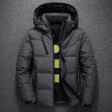 Mens Winter Down Jacket – Arctic Urban, a stylish and warm coat with a hood, perfect for cold weather conditions.