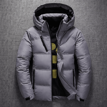 Gray Mens Winter Down Jacket – Arctic Urban with hood on textured background