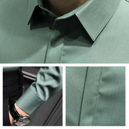 Close-up of men's wrinkle-free shirt showcasing smooth fabric and stylish design.