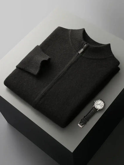 Merino Crest Cardigan showcasing seamless, soft merino wool fabric for warmth and style. Perfect men's winter sweater for cozy, everyday layering.