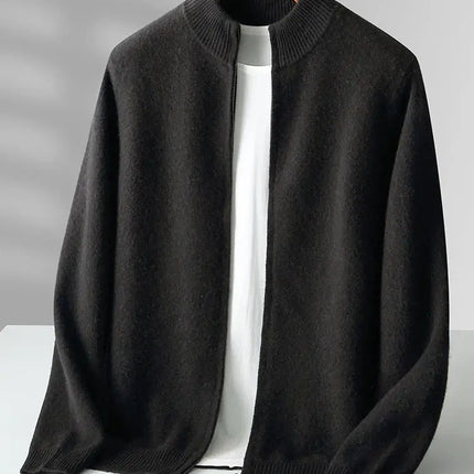 Merino Crest Cardigan men's winter sweater in soft, warm merino wool, showcasing seamless, skin-friendly design with full-length zipper for cozy layering.