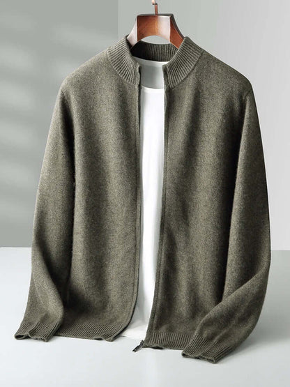Merino Crest Cardigan for men in olive green, showcasing seamless 100% merino wool design, perfect knitted sweater for winter warmth and comfort.