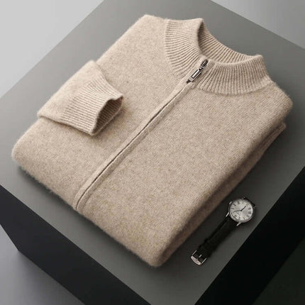 Merino Crest Cardigan showcasing soft merino wool texture, emphasising warmth and comfort for men's winter knitwear styling