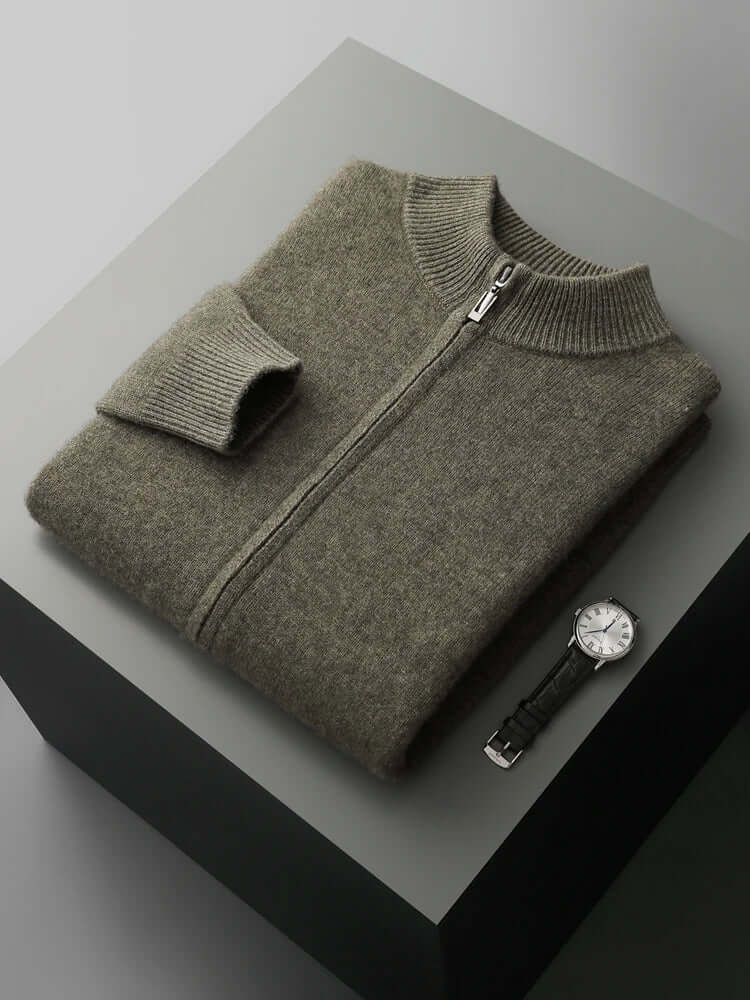 Merino Crest Cardigan displayed with full length zipper, crafted from 100% merino wool for men, showcasing soft, warm, seamless winter style.