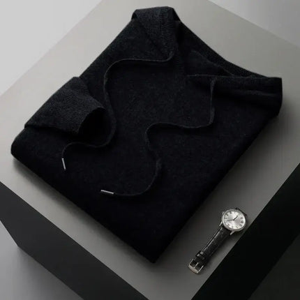 Monaco Hoodie in soft merino wool, men's winter sweater for warmth and comfort, stylish black knitwear, perfect for cozy everyday layering.