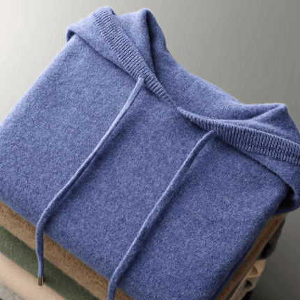 Monaco Hoodie - Men's winter sweater in soft blue, 100% merino wool, showcasing cozy knitwear perfect for warmth and style.