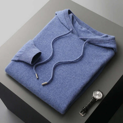 Monaco Hoodie in soft blue, crafted from 100% merino wool. Ultimate men's winter sweater offering unmatched warmth and comfort.
