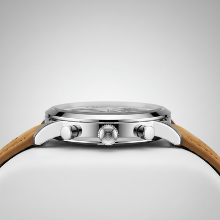 Side view of Monarch Automatic – Signature Edition watch with sapphire crystal and leather strap.