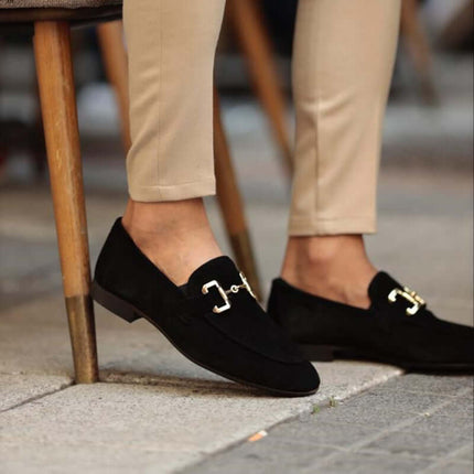 Men wearing Montaro Suede Loafers, showcasing elegance and slip-on comfort with premium suede and gold accents for formal style.
