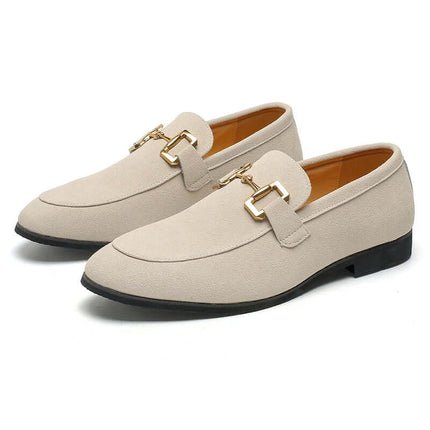 Montaro Suede Loafers in elegant beige with gold accents, featuring a premium suede finish and comfortable orthopedic insole for men's formal style.